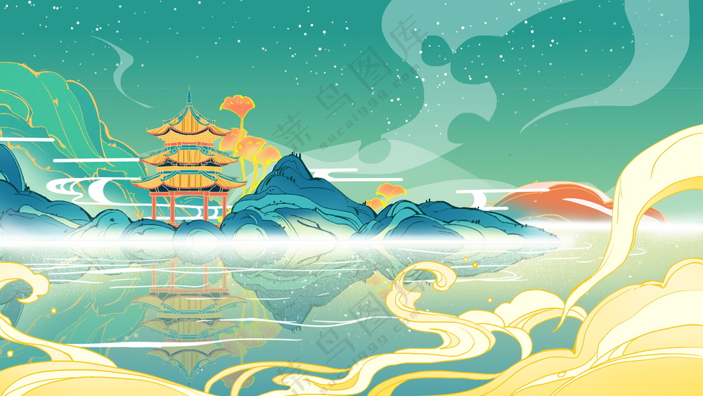 国风水彩山水画插画