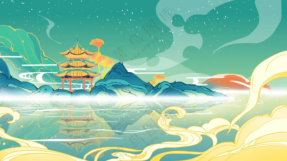 国风水彩山水画插画