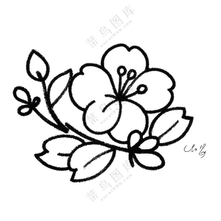 桃花枝条黑白简笔画春分免扣图