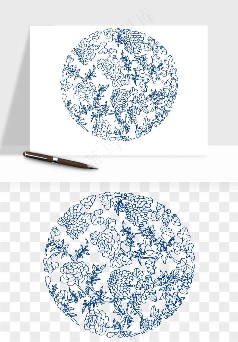 青花瓷花纹花卉图案png免抠