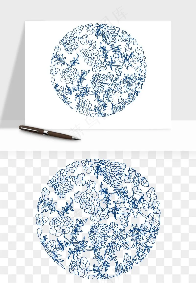 青花瓷花纹花卉图案png免抠