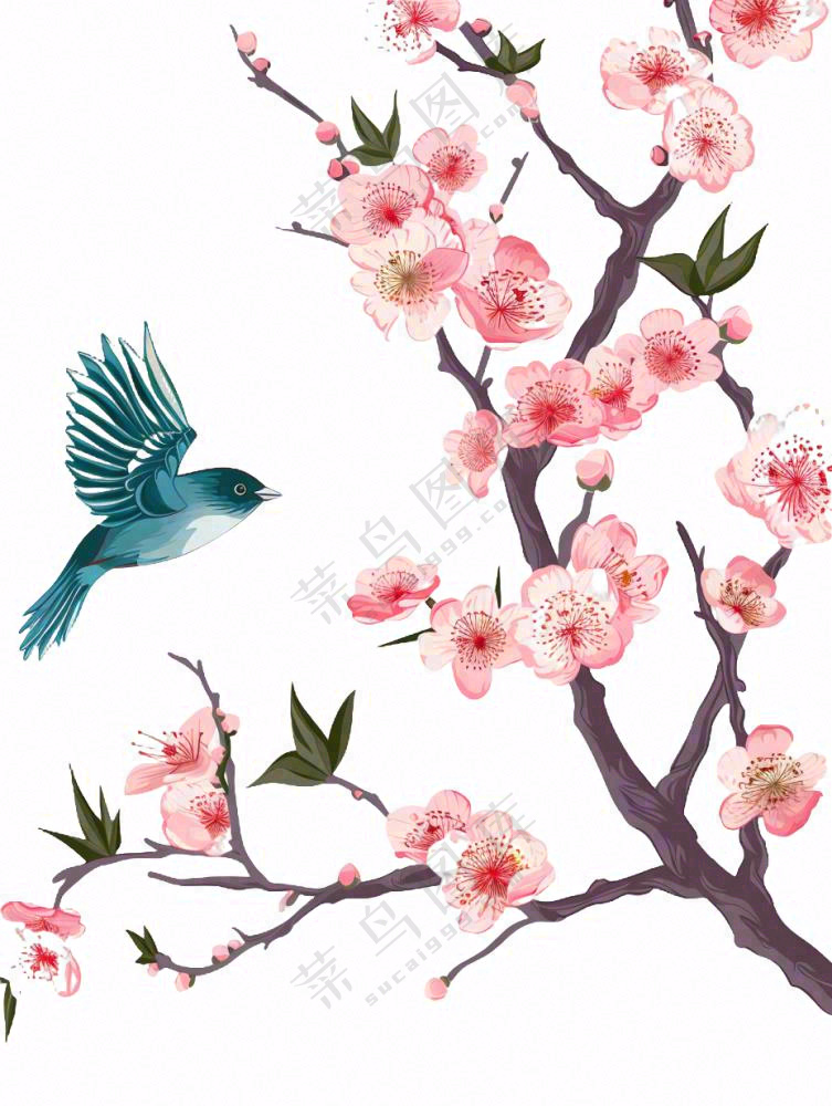 春天桃花树上小鸟喜鹊插画免抠