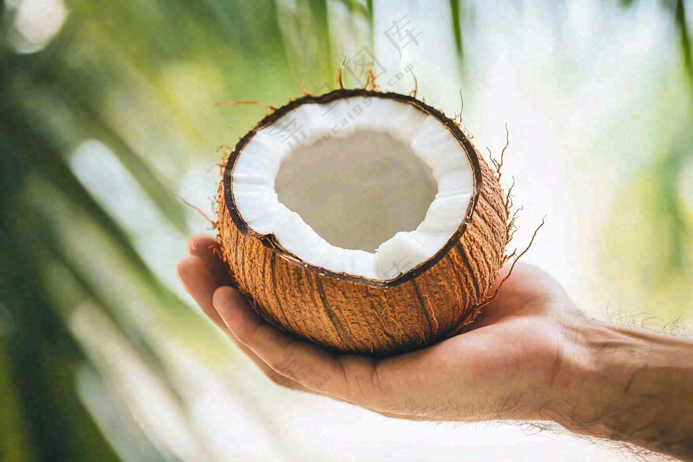 手捧椰子椰肉水果热带摄影图