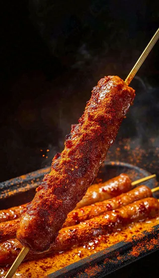 烤火腿肠煎辣椒面香辣美食小吃摄影图