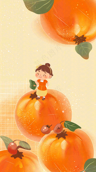 秋冬柿子成熟水果创意卡通插画霜降背景