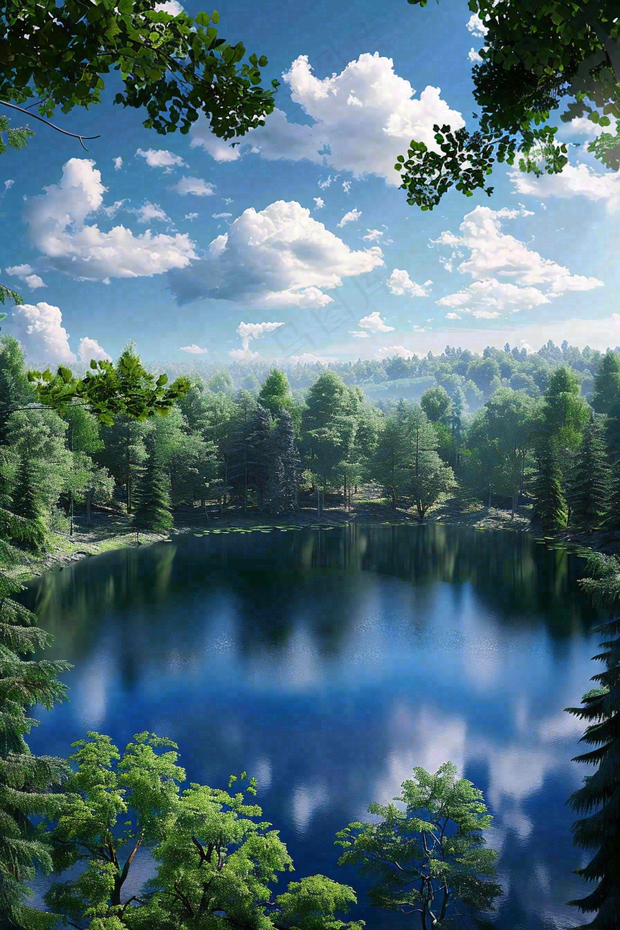 夏天晴天湖泊森林倒影摄影图