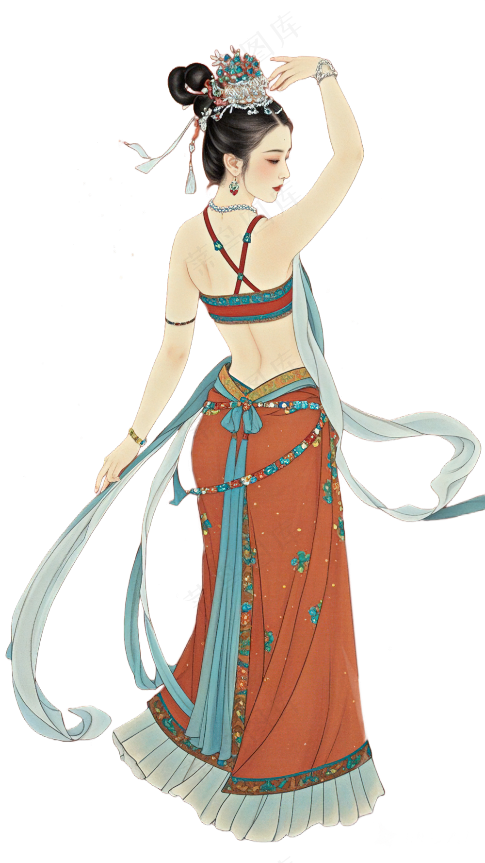 免抠国画古风工笔画舞蹈人物背影