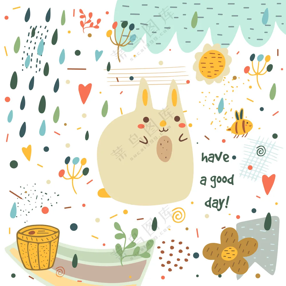 森系卡通可爱Q版插画手绘儿童话动物兔子大象背景底纹UI矢量素材 (1)
