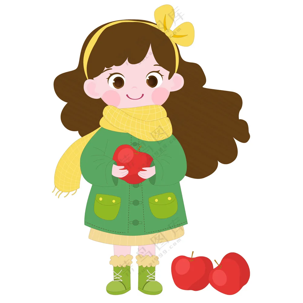 卡通风秋季穿厚外套围围巾抱着苹果的可爱女孩儿童教育插画