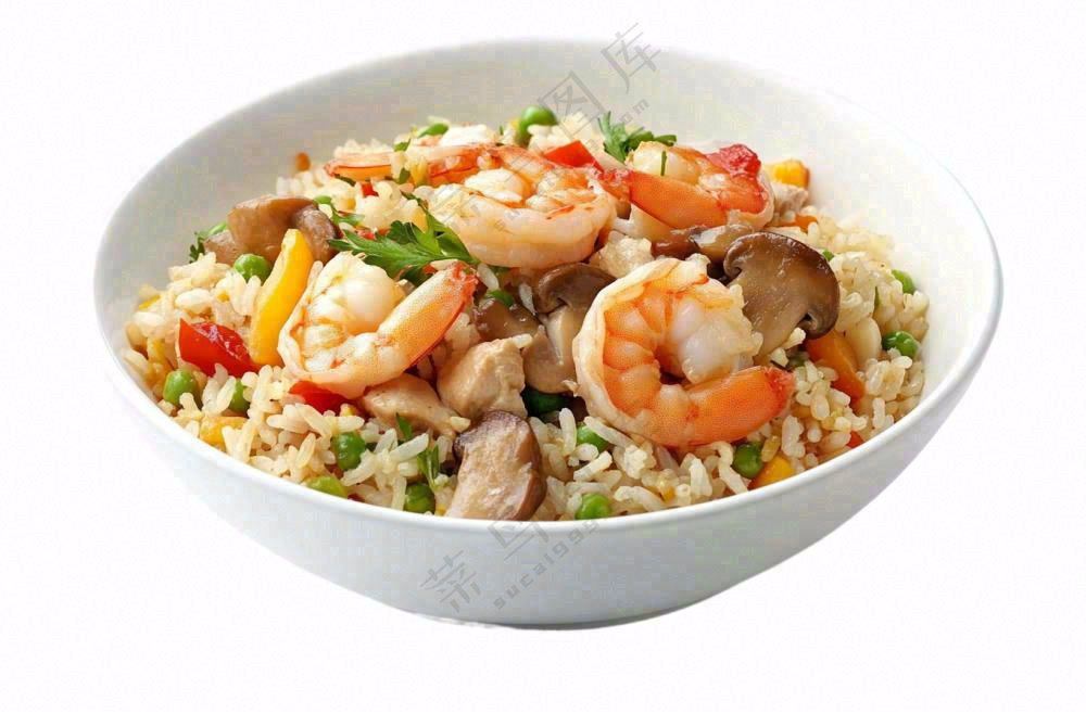 海鲜蘑菇炒饭食物摄影图免抠