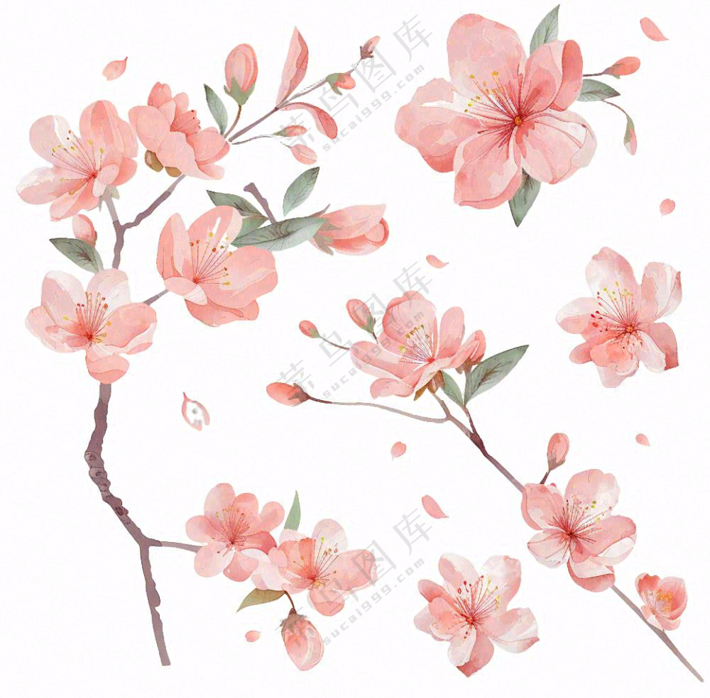 春天粉色花朵树枝插画免抠