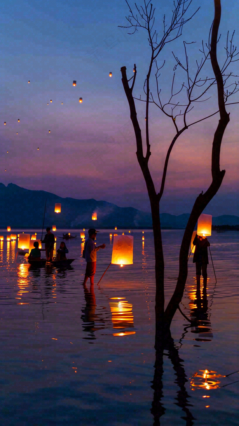 夜晚点灯孔明灯祈福中元节寒衣节插画背景