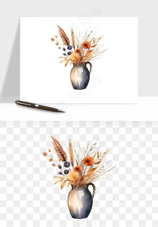 手绘花瓶花艺png免抠