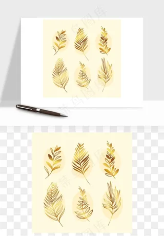 手绘金色叶子矢量png免抠