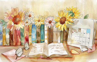 教师节办公桌向日葵备课老师水彩插画背景