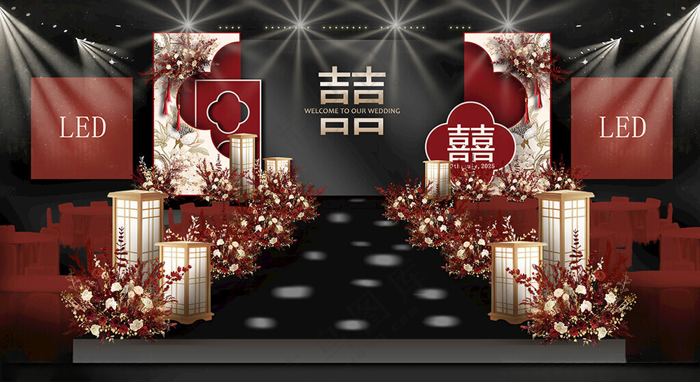 红色新中式大屏幕婚礼舞台   订婚卡通设计