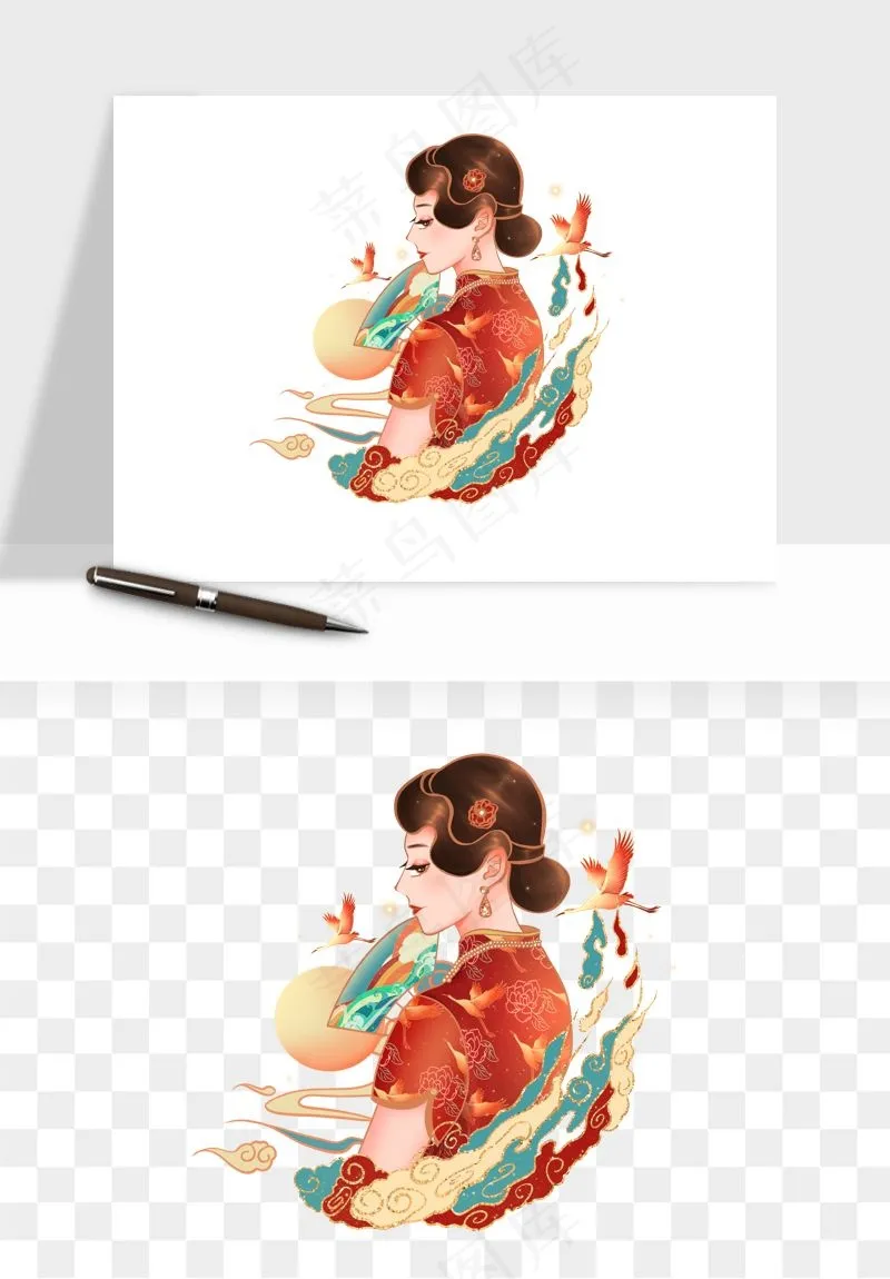 手绘国潮女性人物插画png免抠