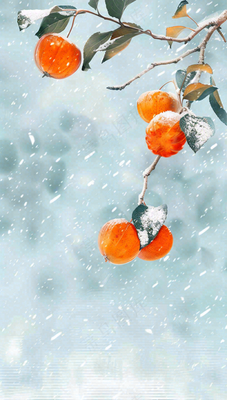 冬天风雪里的柿子树霜降插画背景