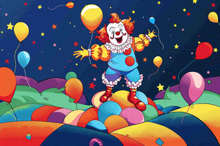 小丑搞怪马戏团游乐园愚人节气球彩带庆祝卡通插画背景