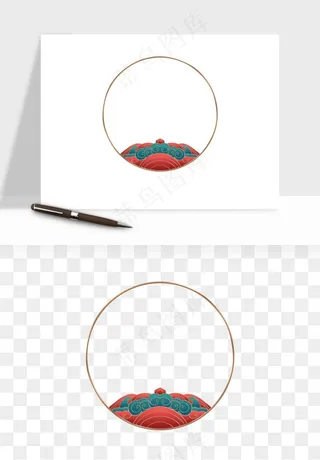 国潮风祥云浪花圆形矩形边框png免抠