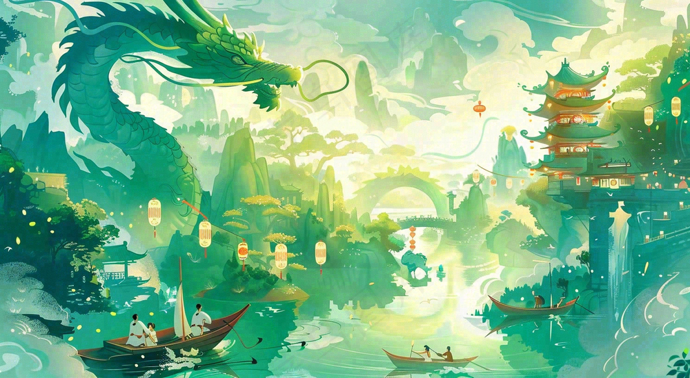 中国风国潮插画龙绿色盛世端午节插画背景