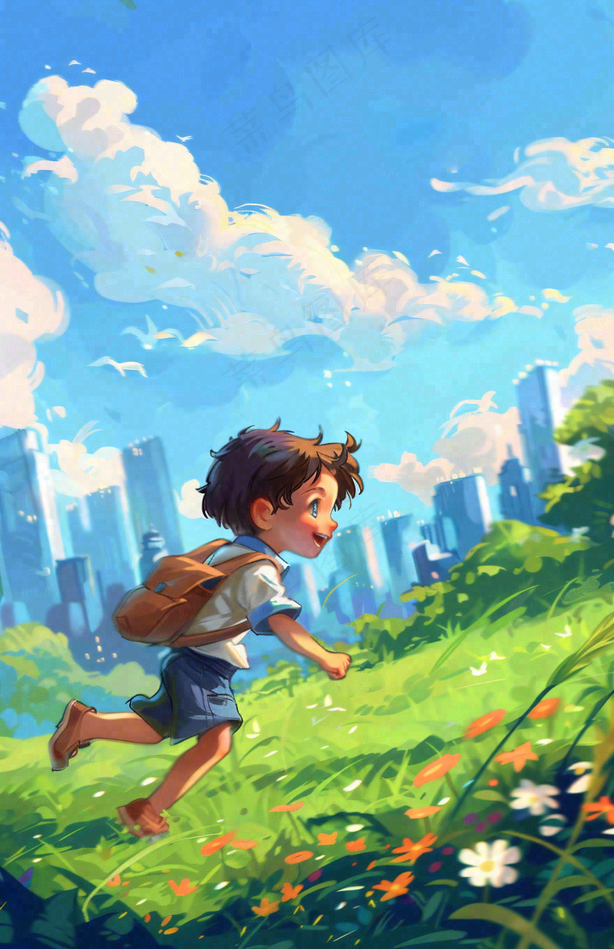遨游大自然草坪的孩子快乐儿童节卡通插画背景