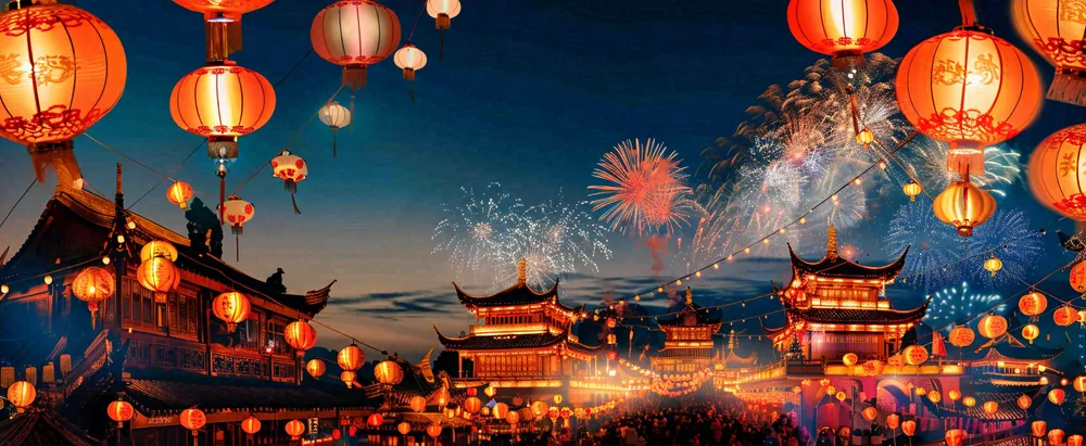 新年节日京城灯火灯笼烟花爆竹盛世国风小年除夕元宵节插画背景