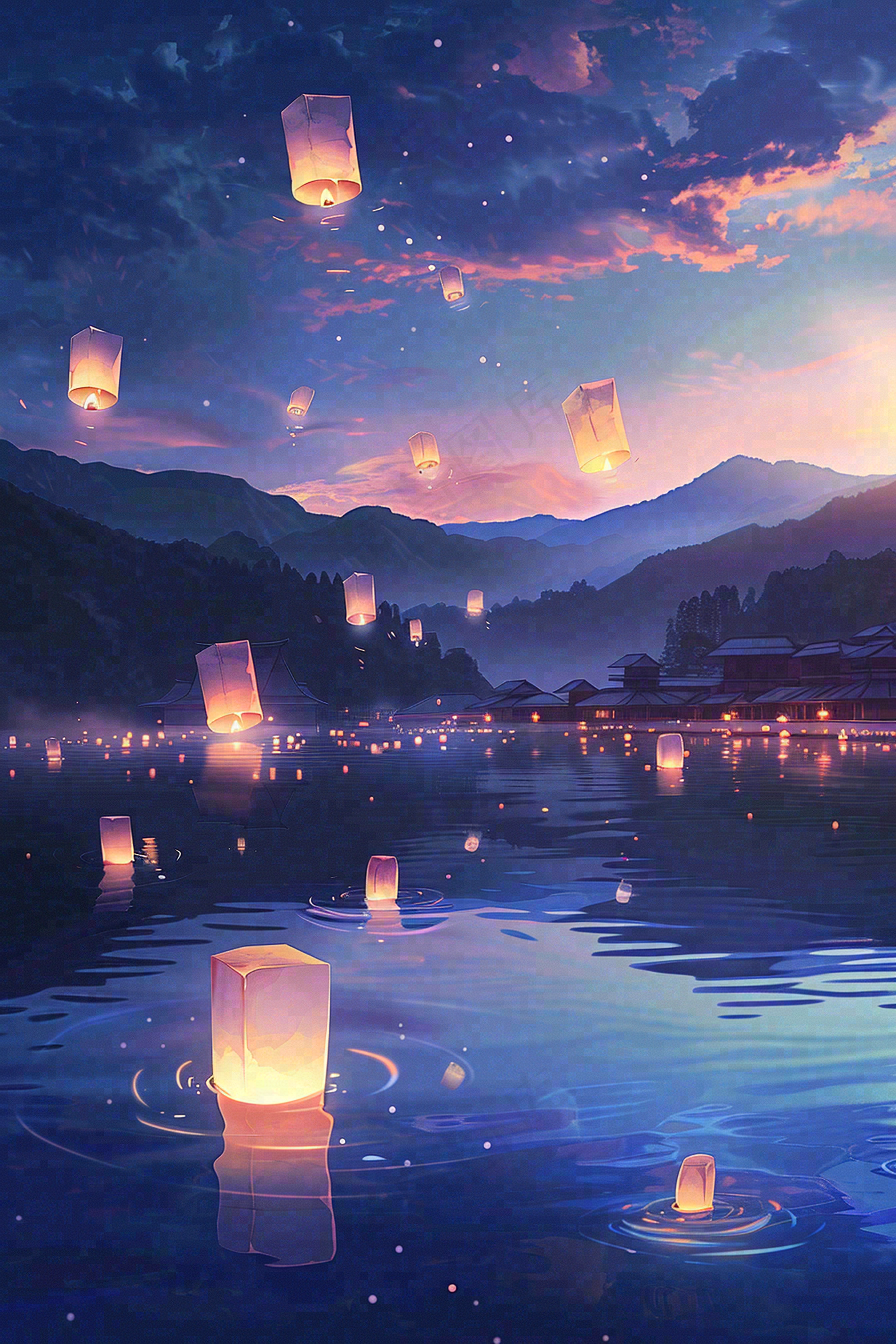 夜晚点灯孔明灯祈福中元节寒衣节插画背景