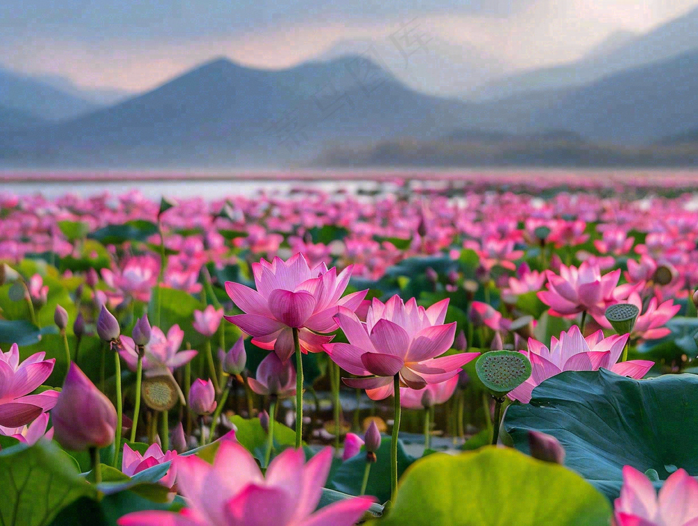 夏天粉色荷花莲花荷叶池塘摄影图