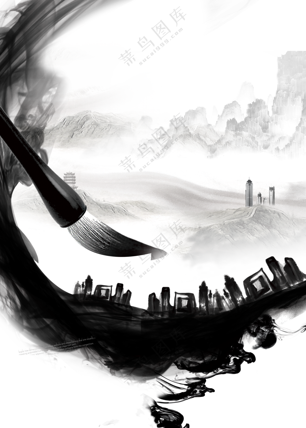 黑白水墨风建筑物创意PNG图片素材