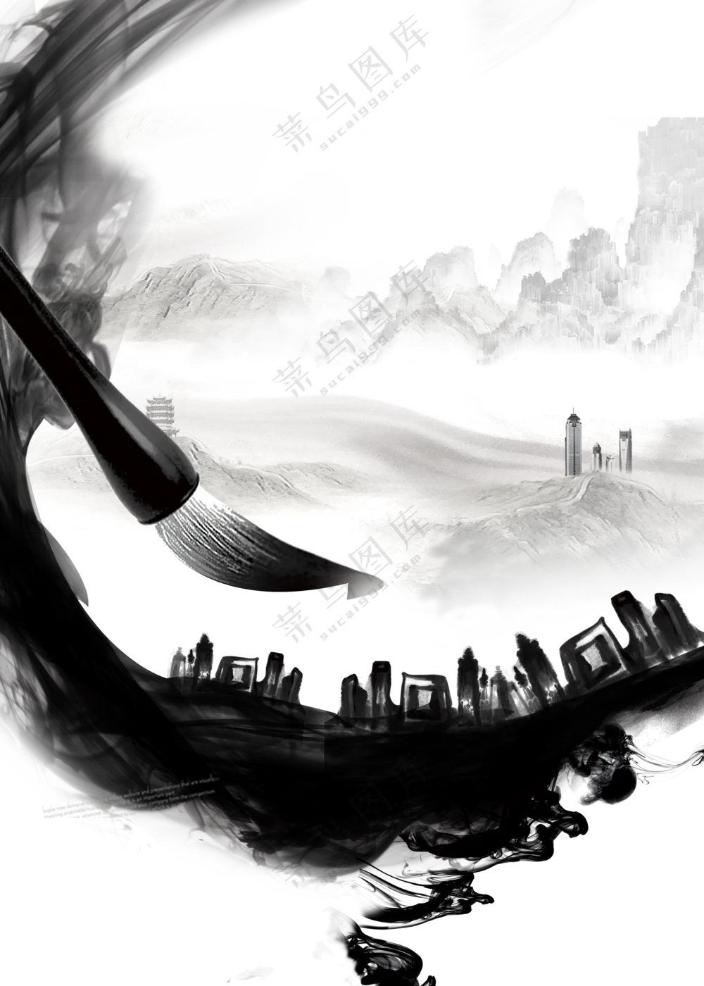 黑白水墨风建筑物创意PNG图片素材