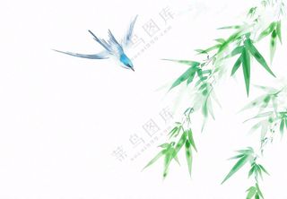 春天绿竹随风青鸟水墨画插画免抠