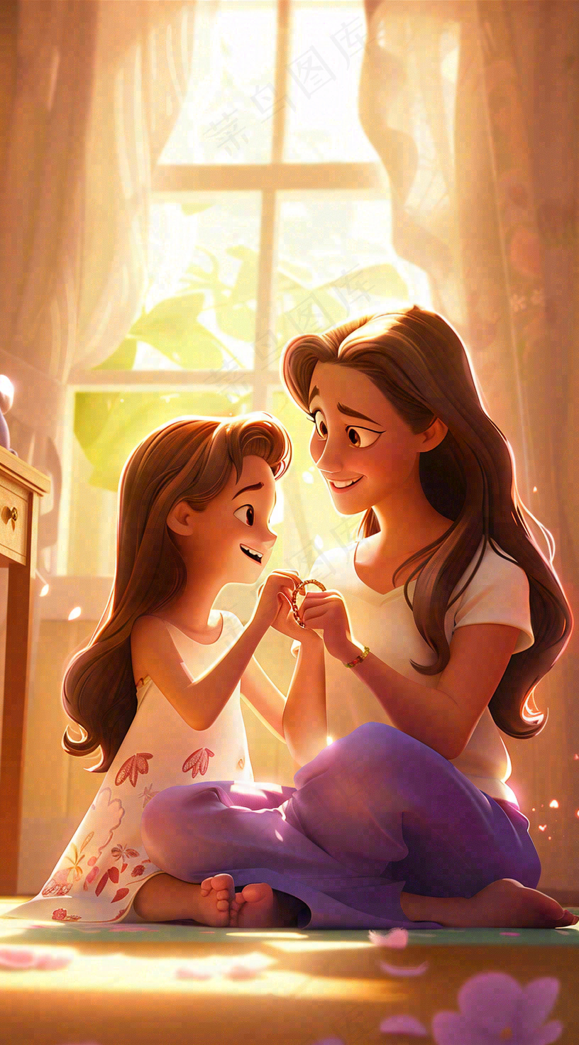 母亲节妈妈亲情抱着孩子鲜花光辉插画背景