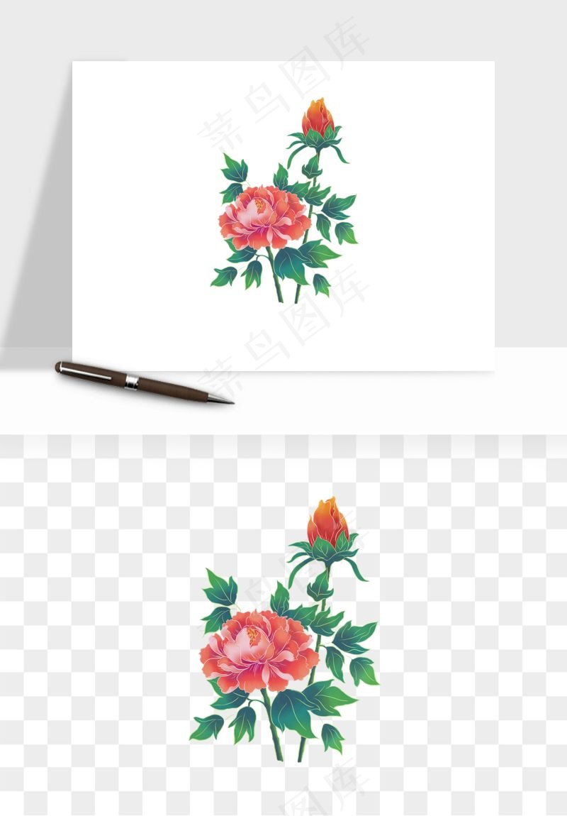 手绘国潮牡丹花花卉图案png免抠