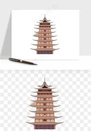 国潮高塔古塔楼建筑png免抠