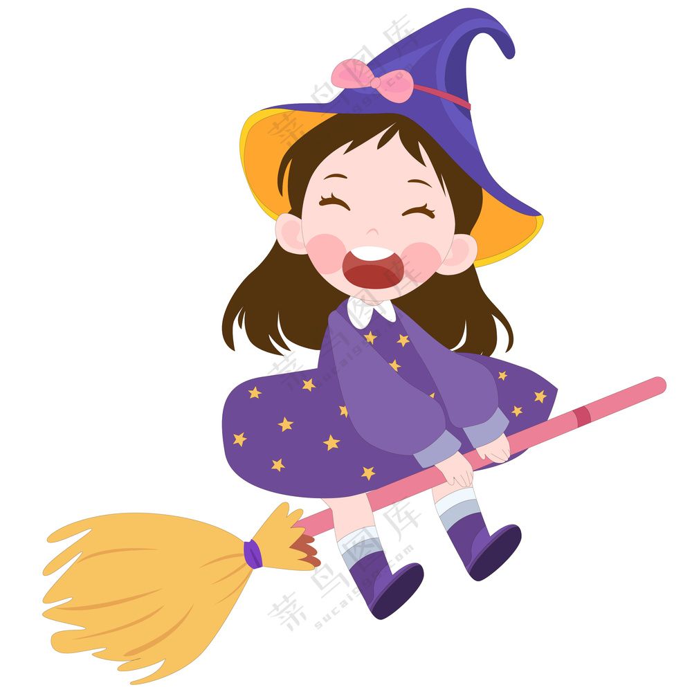 万圣节骑扫帚飞行的女巫可爱女孩儿童节日装扮卡通插画