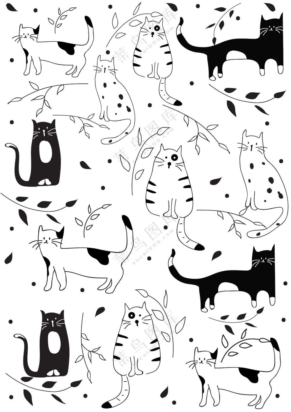 枝叶与可爱手绘猫咪等免抠图片素材