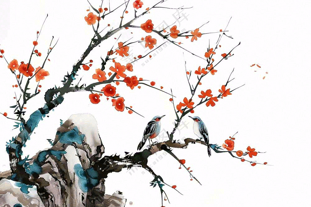 水墨画崖壁上的梅花小鸟古典风山水插画免抠