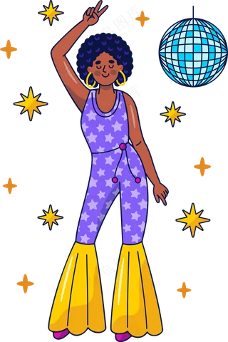 女生开心跳迪斯科 美式多巴胺色彩插画 免抠透明底
