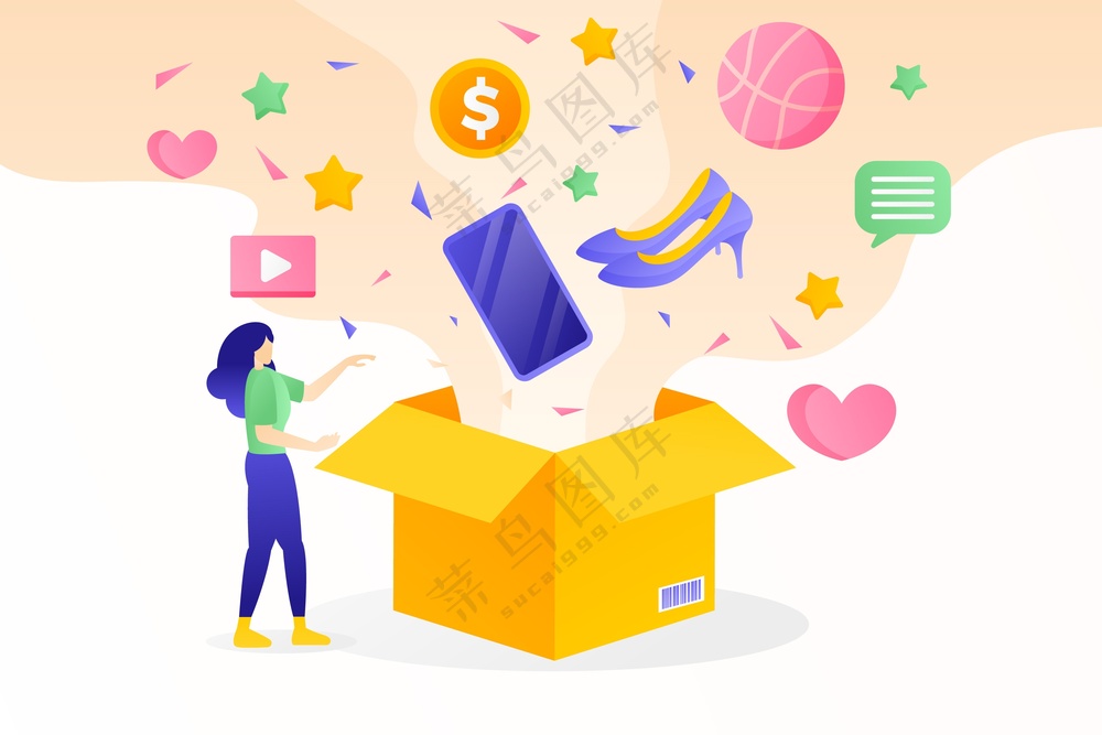 整理购物魔法箱的卡通女孩