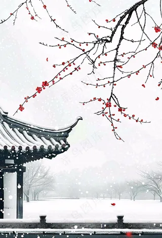 冬天白雪覆盖寒冷唯美雪景小寒插画背景