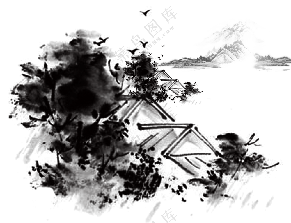 飞鸟房子与远山等风景绘画免抠图片