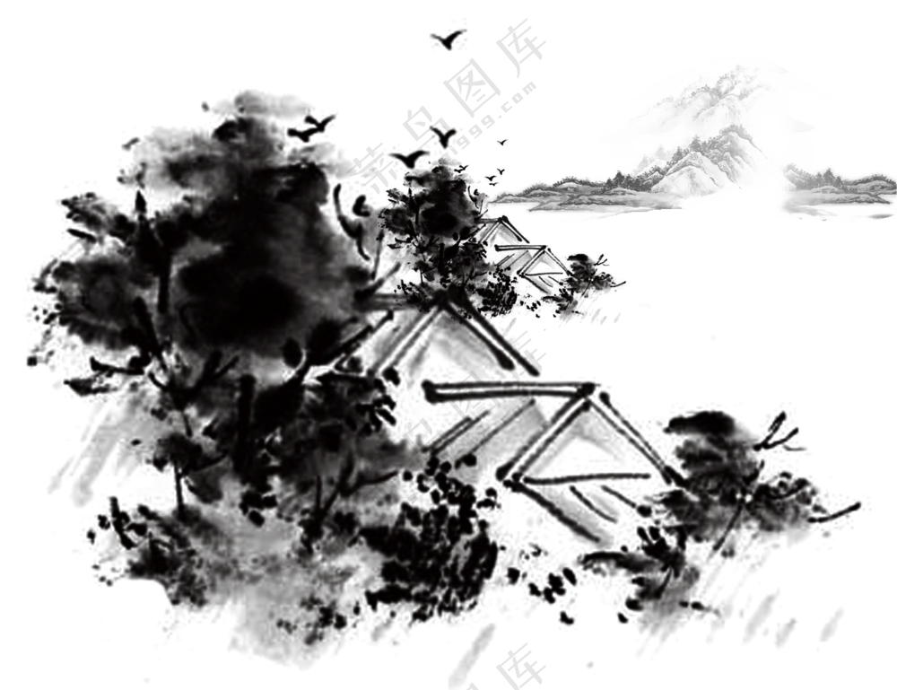 飞鸟房子与远山等风景绘画免抠图片