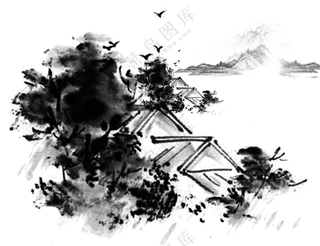 飞鸟房子与远山等风景绘画免抠图片