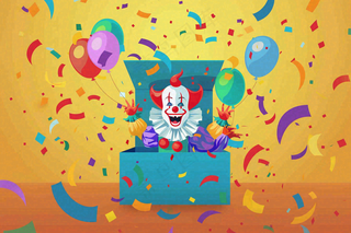 小丑搞怪马戏团游乐园愚人节气球彩带庆祝卡通插画背景