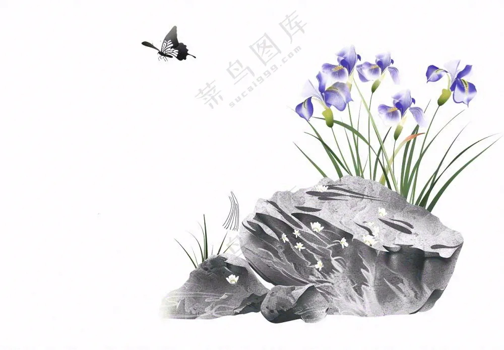 水渠石头旁紫色兰花生长蝴蝶水墨画插画免抠