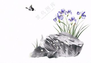 水渠石头旁紫色兰花生长蝴蝶水墨画插画免抠
