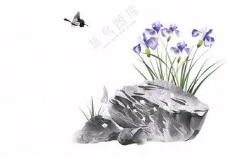 水渠石头旁紫色兰花生长蝴蝶水墨画插画免抠
