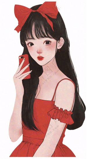 红色裙子的少女美丽卡通插画免抠