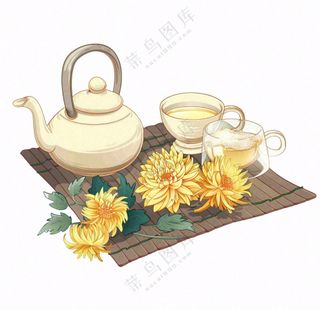 菊花茶茶壶喝茶插画免抠